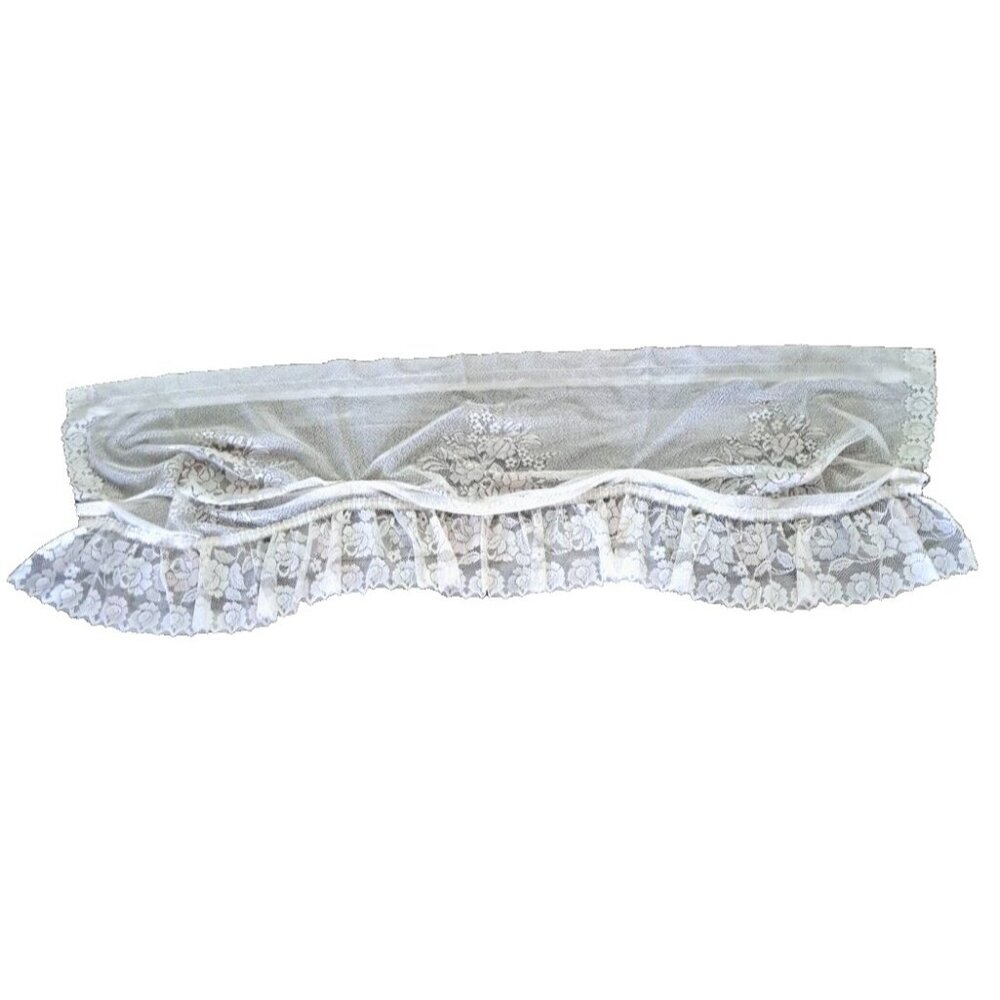 Vintage Lace Window Valance White Pink Blue Roses Gathered Ruffled Trim 58x20